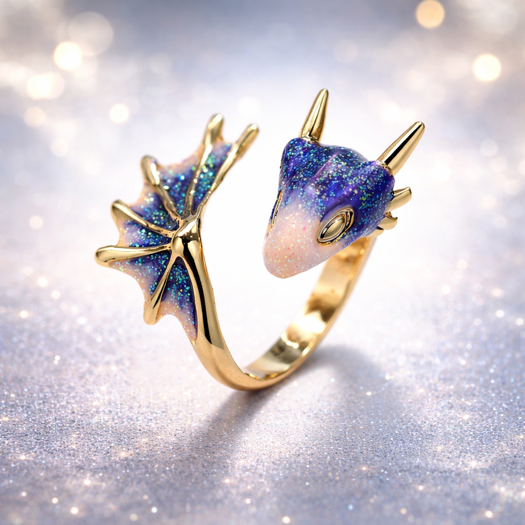 Adjustable Dragon Ring in White Gold with Enamel