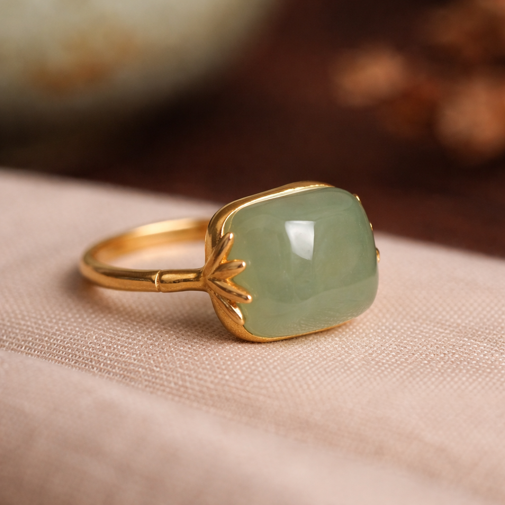 Adjustable Retro Ring in Gold with Green Jade
