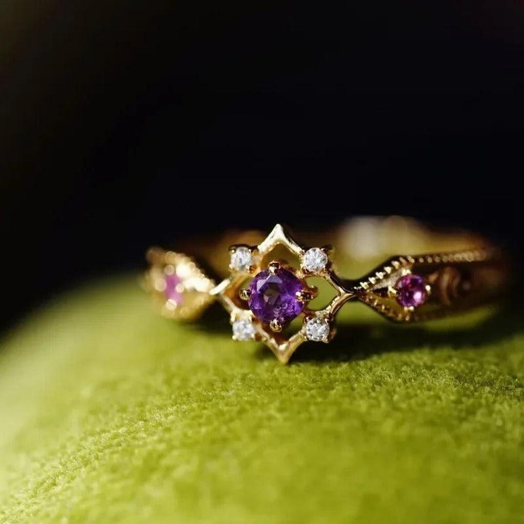 Adjustable Geometric Retro Ring in Gold with Purple Crystals