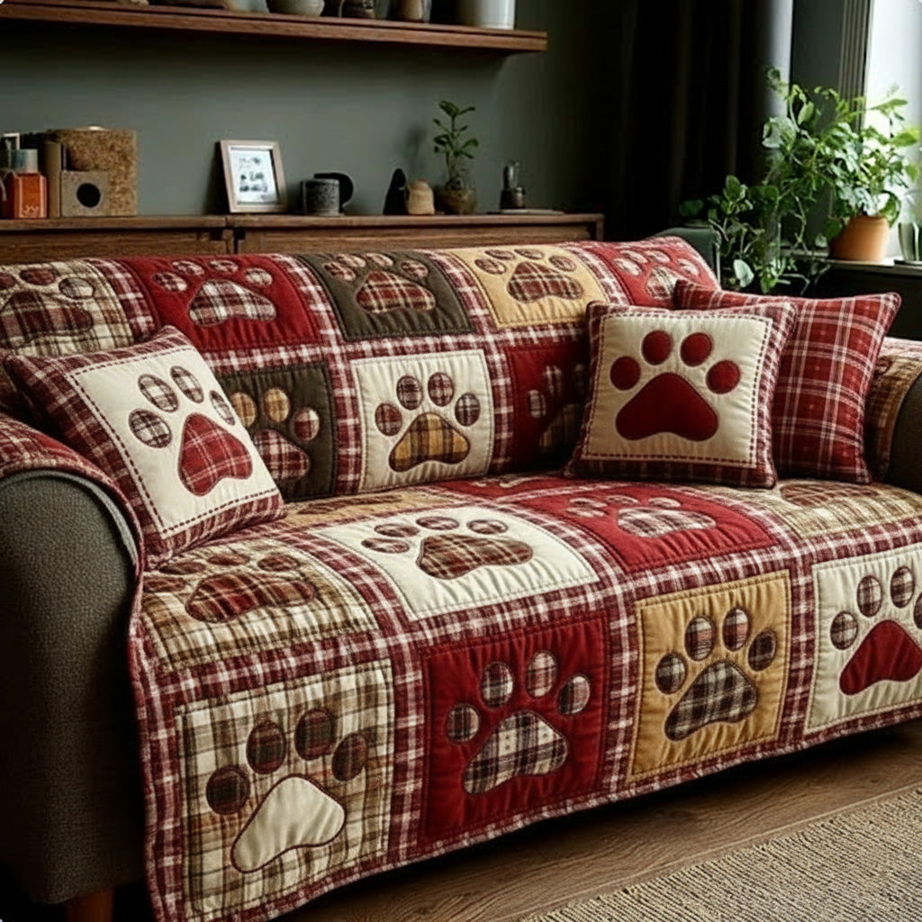 Quilted Sofa Cover with Warm Cabin and Heart Paw