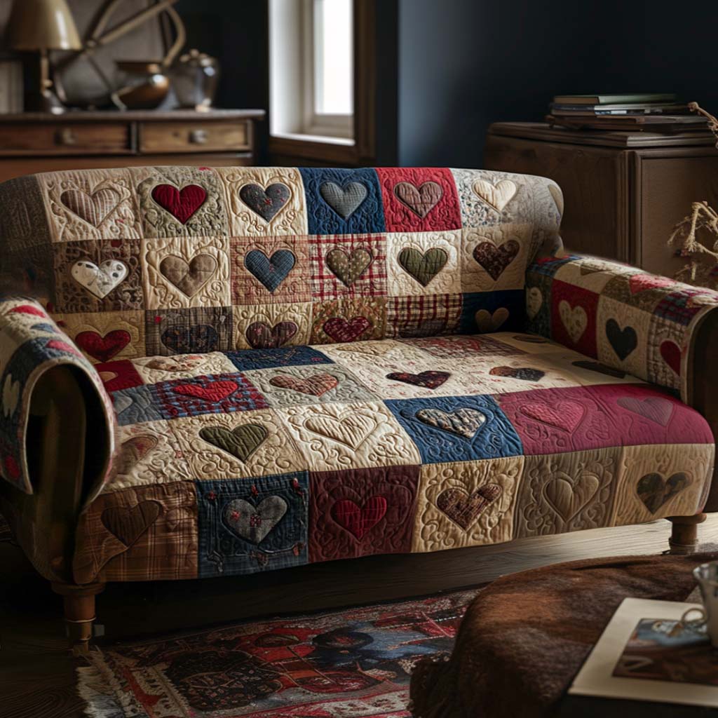 Quilted Sofa Cover with Warm Hearts