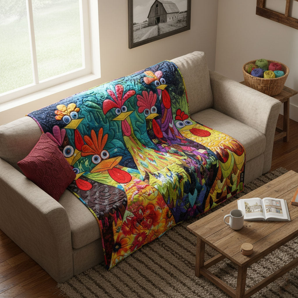 Quilted Blanket with Fantasy Chickens
