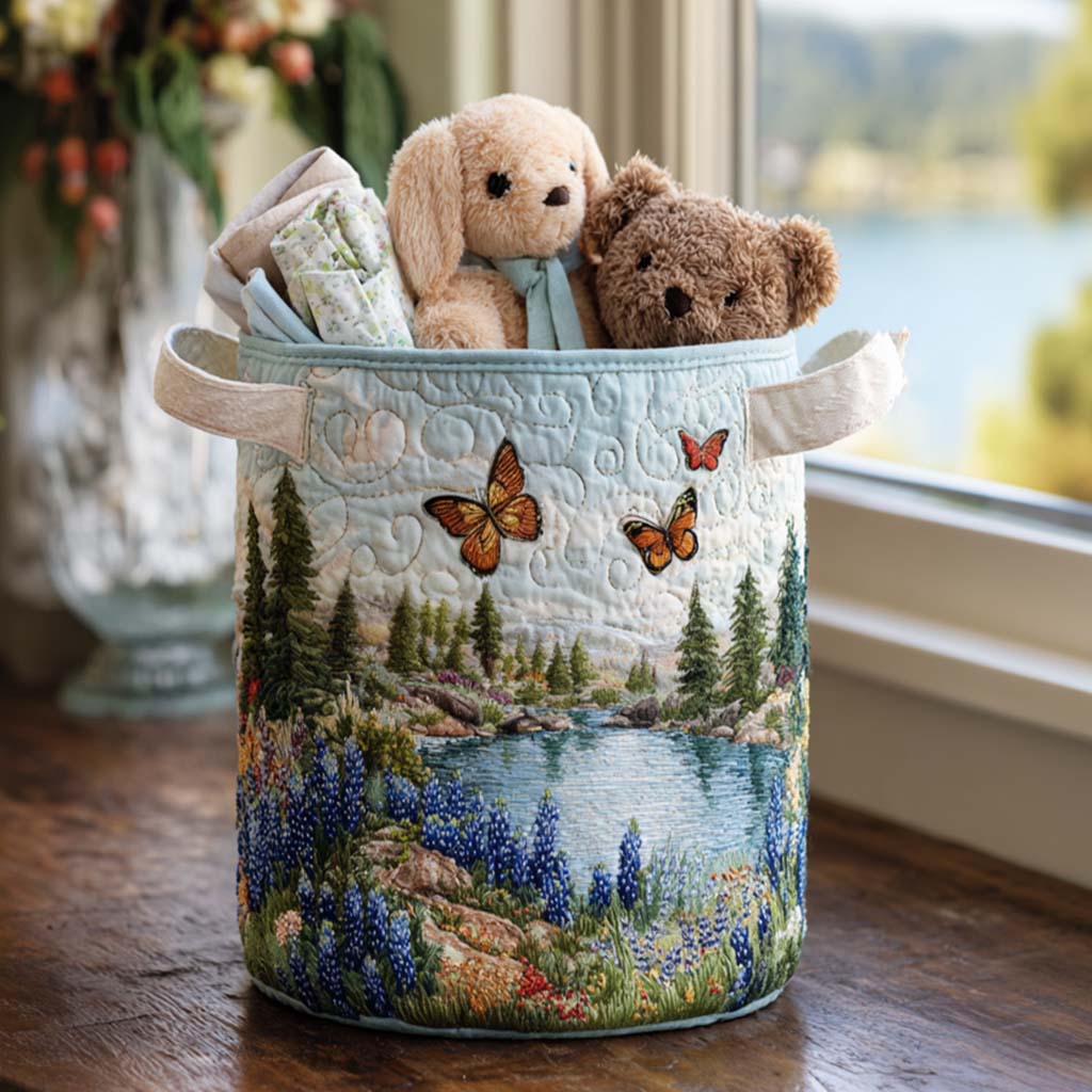 Quilted Laundry Basket with Blue Flowers