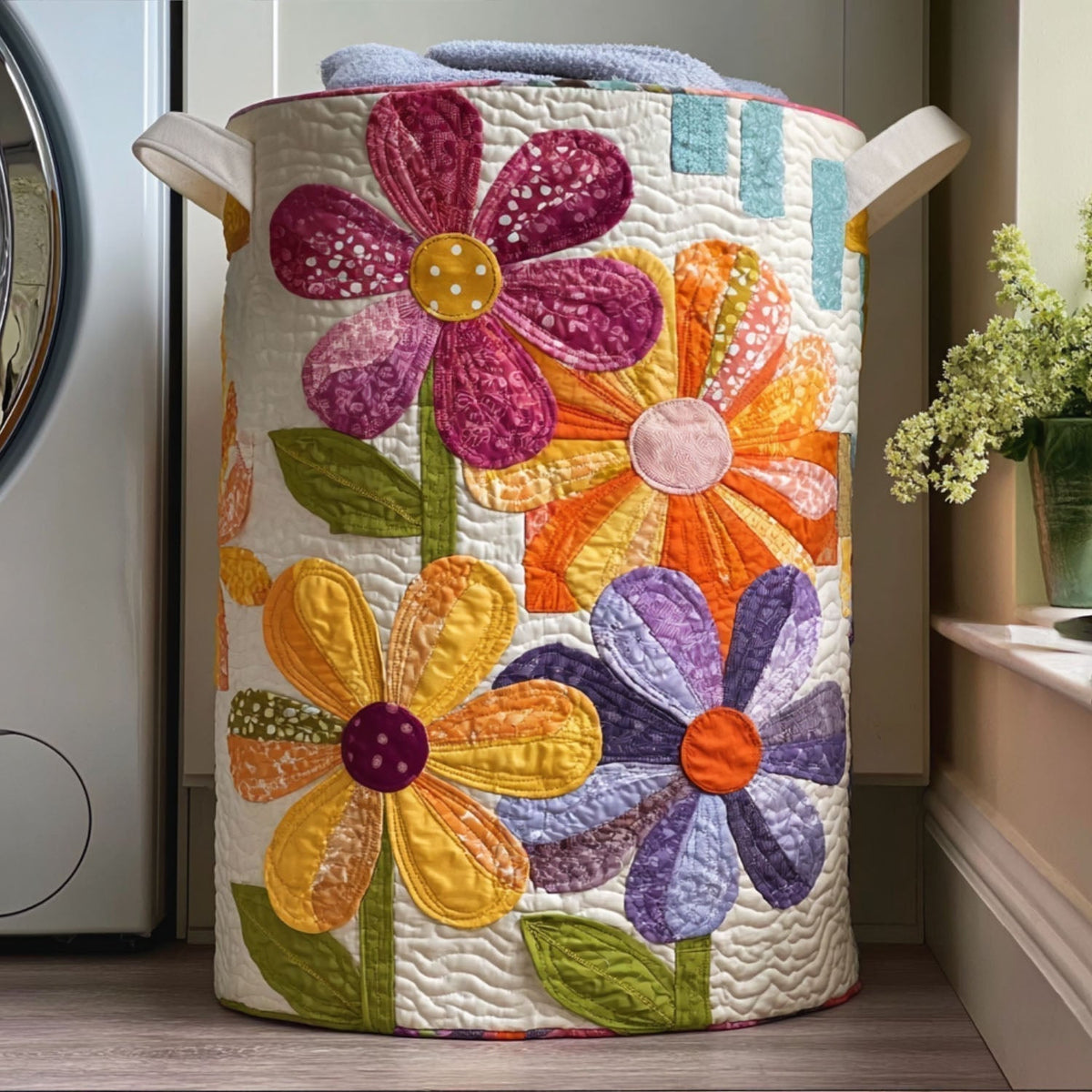 Quilted Laundry Basket with Floral Pattern