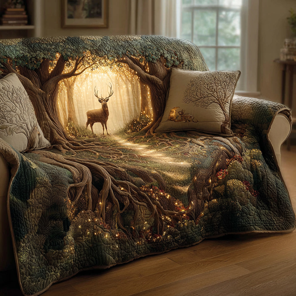 Quilted Sofa Cover with Deer in the Forest