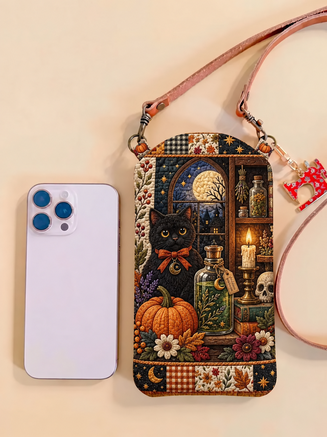 Slim Quilted Phone Crossbody Bag – Black Cat in Moonlit Patchwork