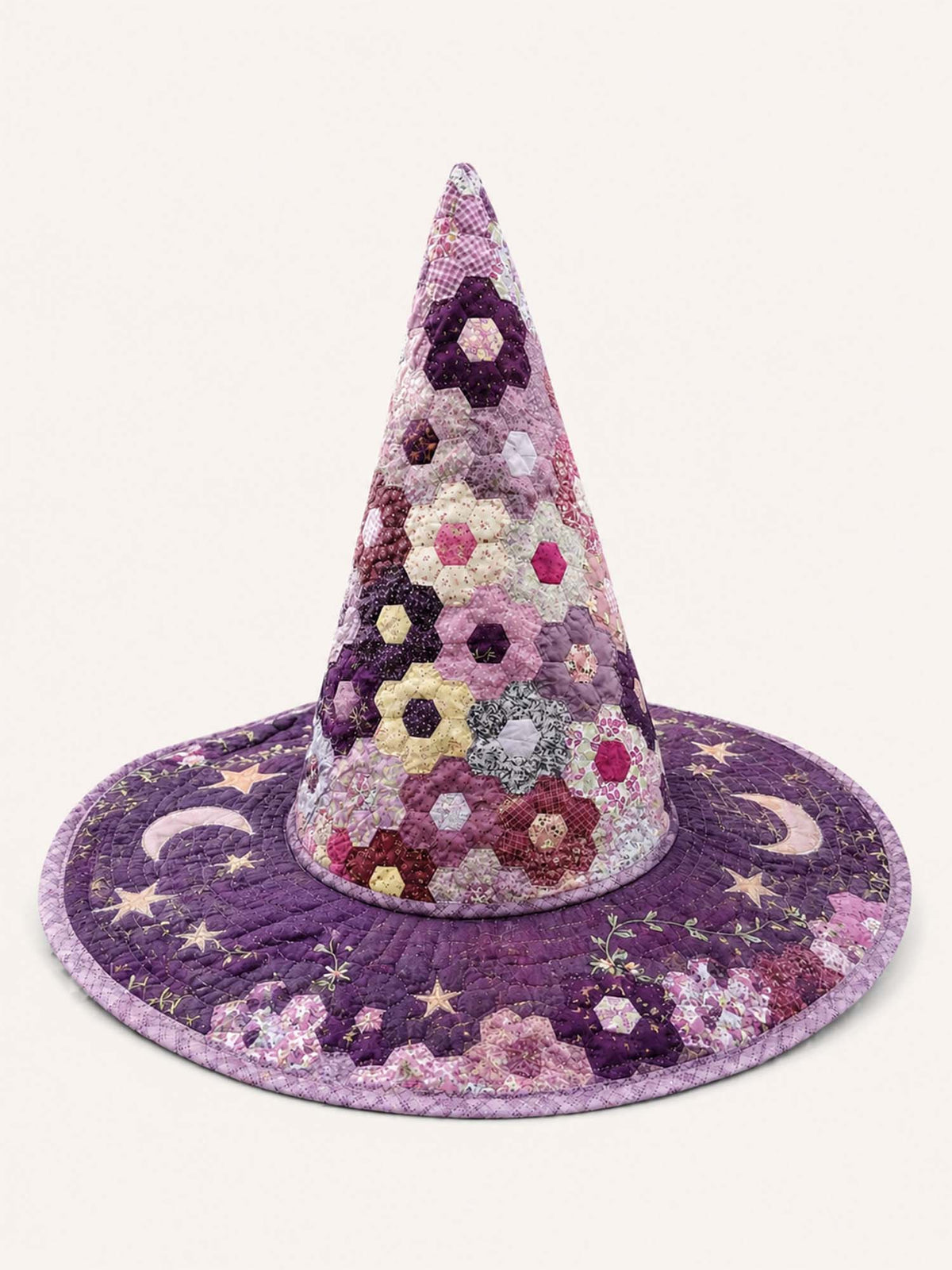 Handmade Quilted Witch Hat β Hexagon Patchwork with Star Motifs