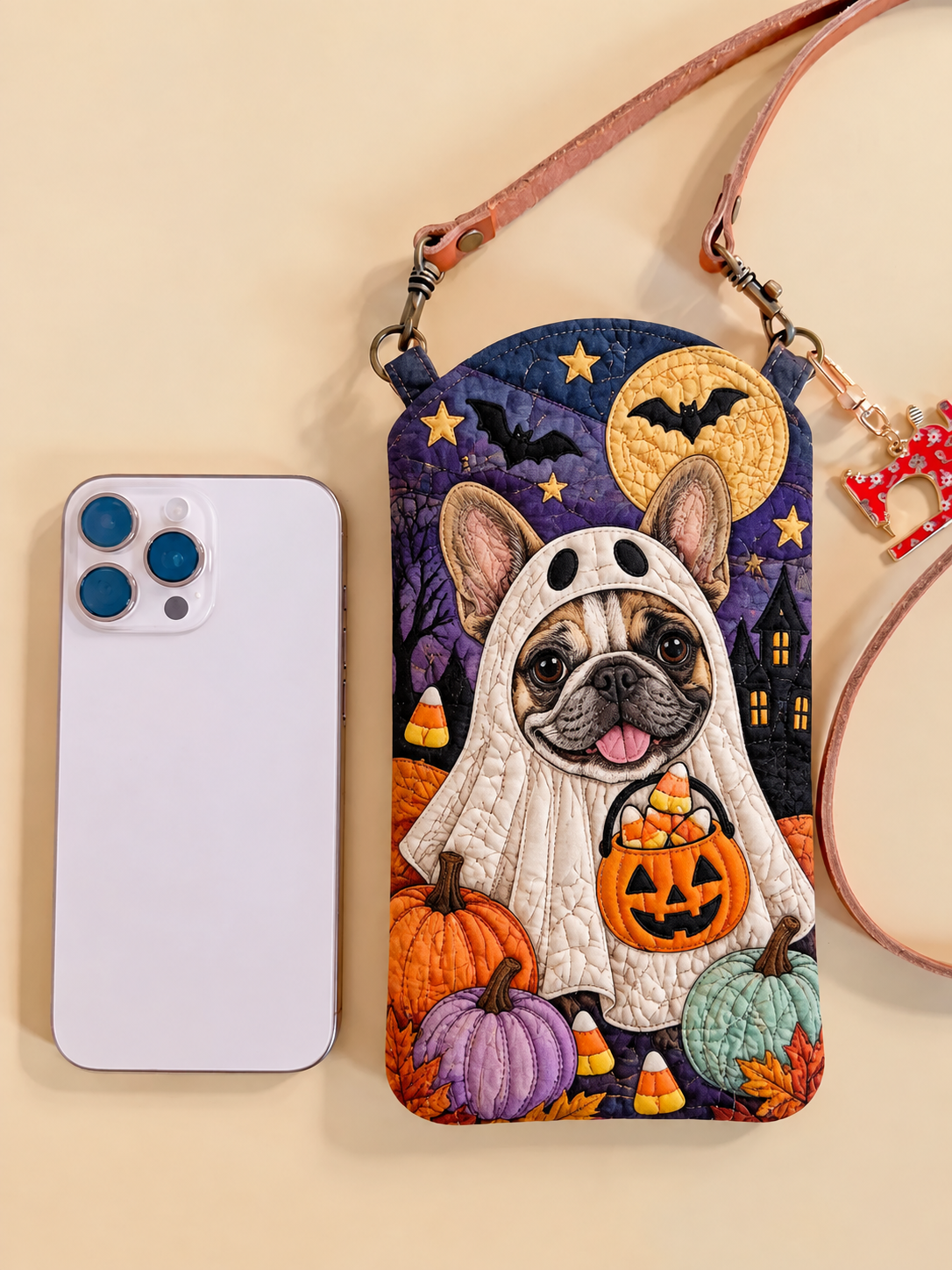 Slim Quilted Phone Crossbody Bag – Pug in Ghost Costume for Halloween