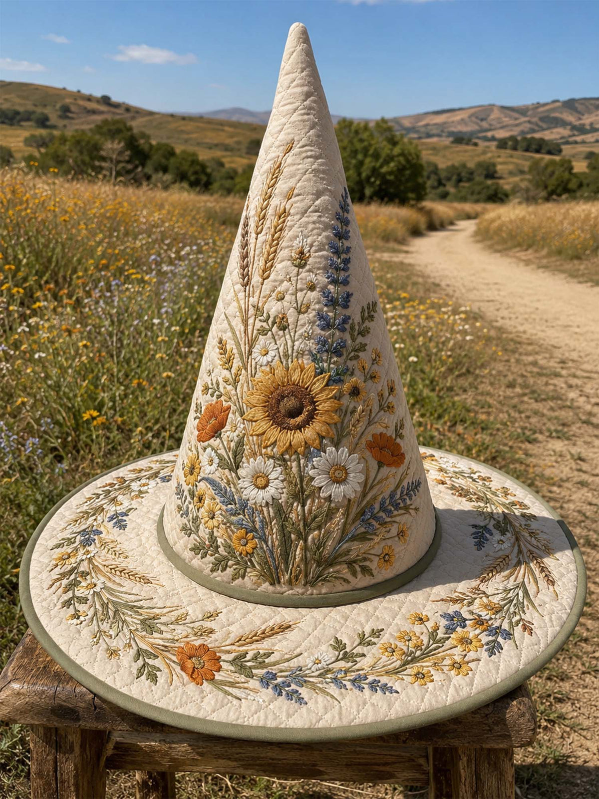Handmade Quilted Witch Hat β Embroidered Wildflowers and Sunflowers