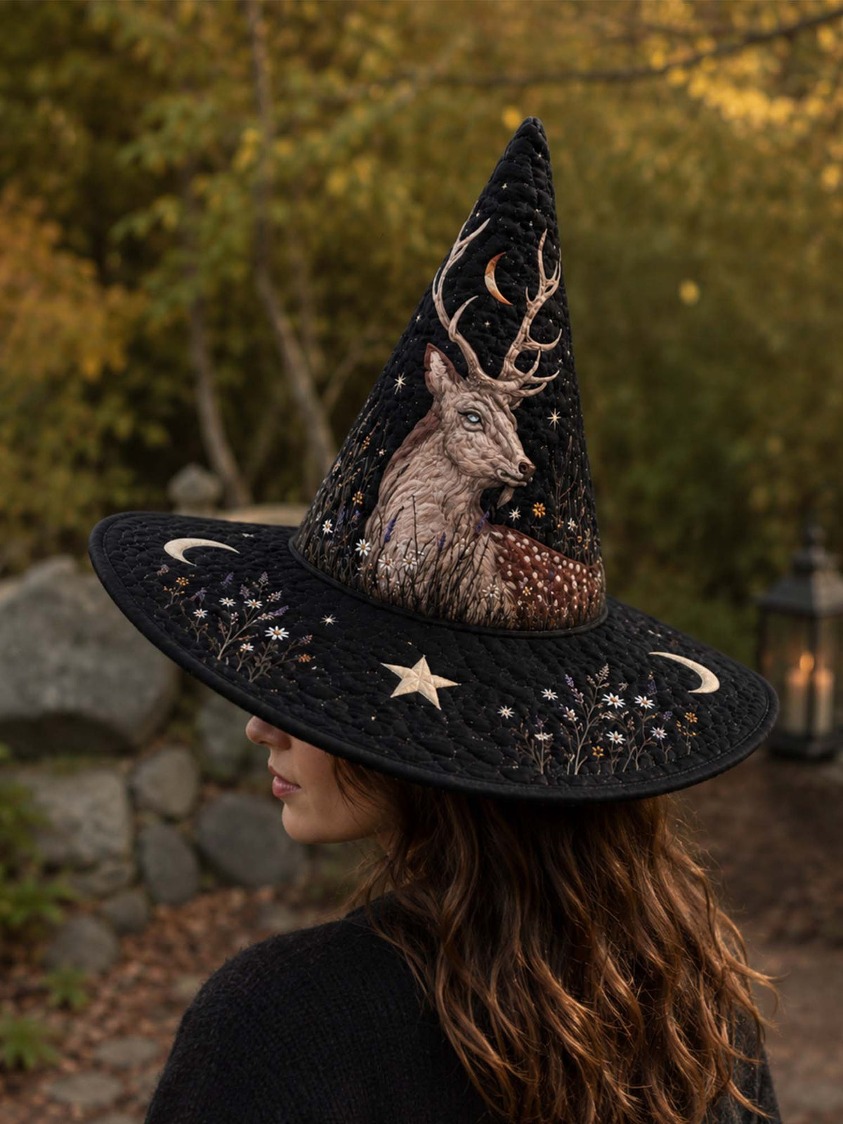 Handmade Quilted Witch Hat β Mystical Deer in Dark Style