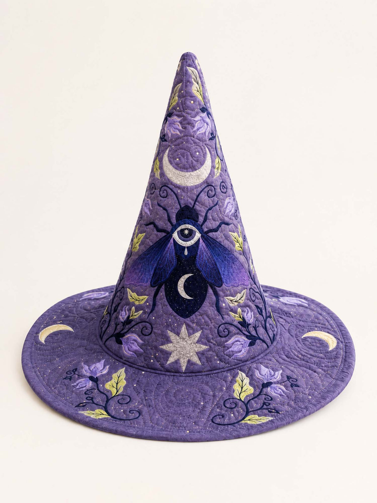 Handmade Quilted Witch Hat β Mystical Purple Moon and Stars