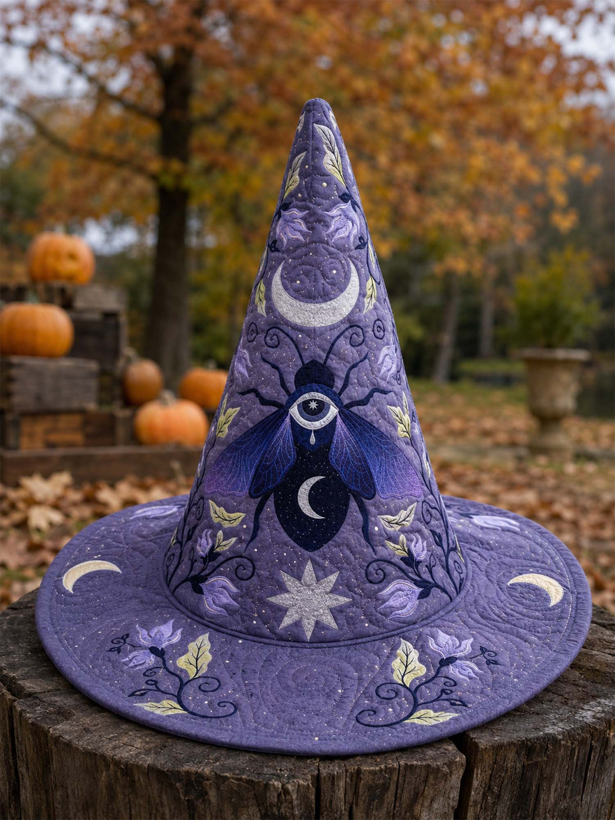 Handmade Quilted Witch Hat β Mystical Purple Moon and Stars