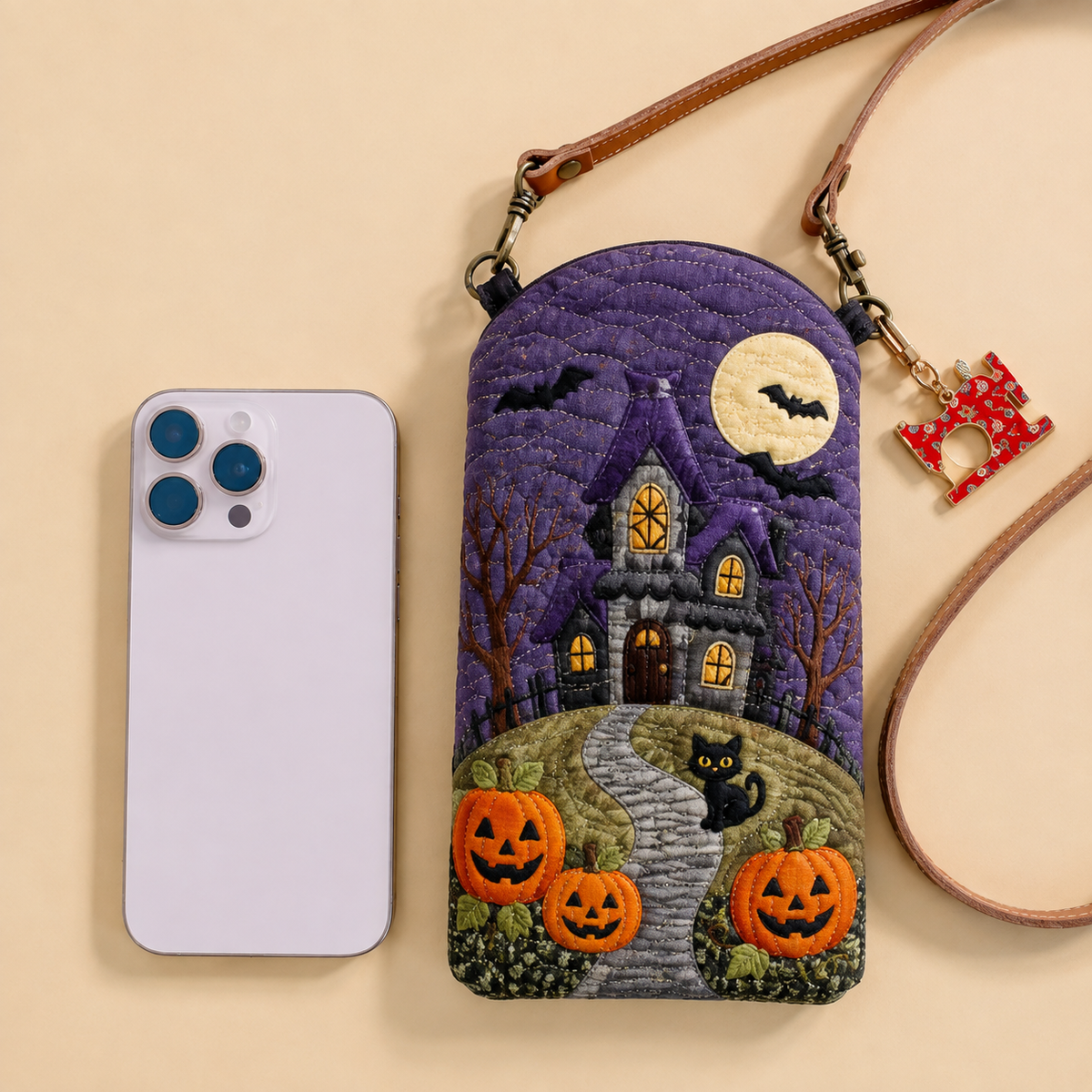 Slim Quilted Phone Crossbody Bag – Haunted House on the Pumpkin Path