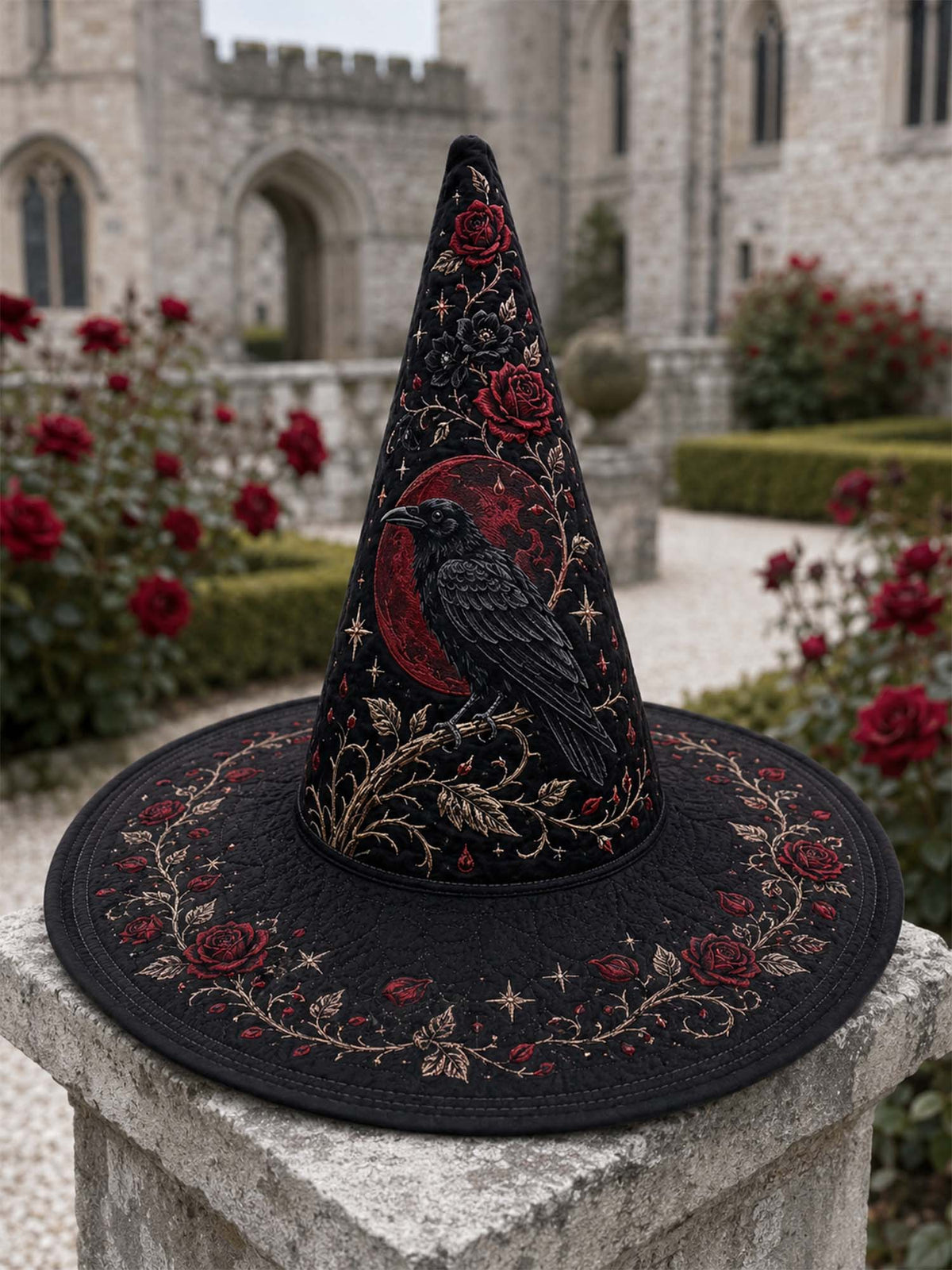 Handmade Quilted Witch Hat β Black Roses and Raven in Victorian Style