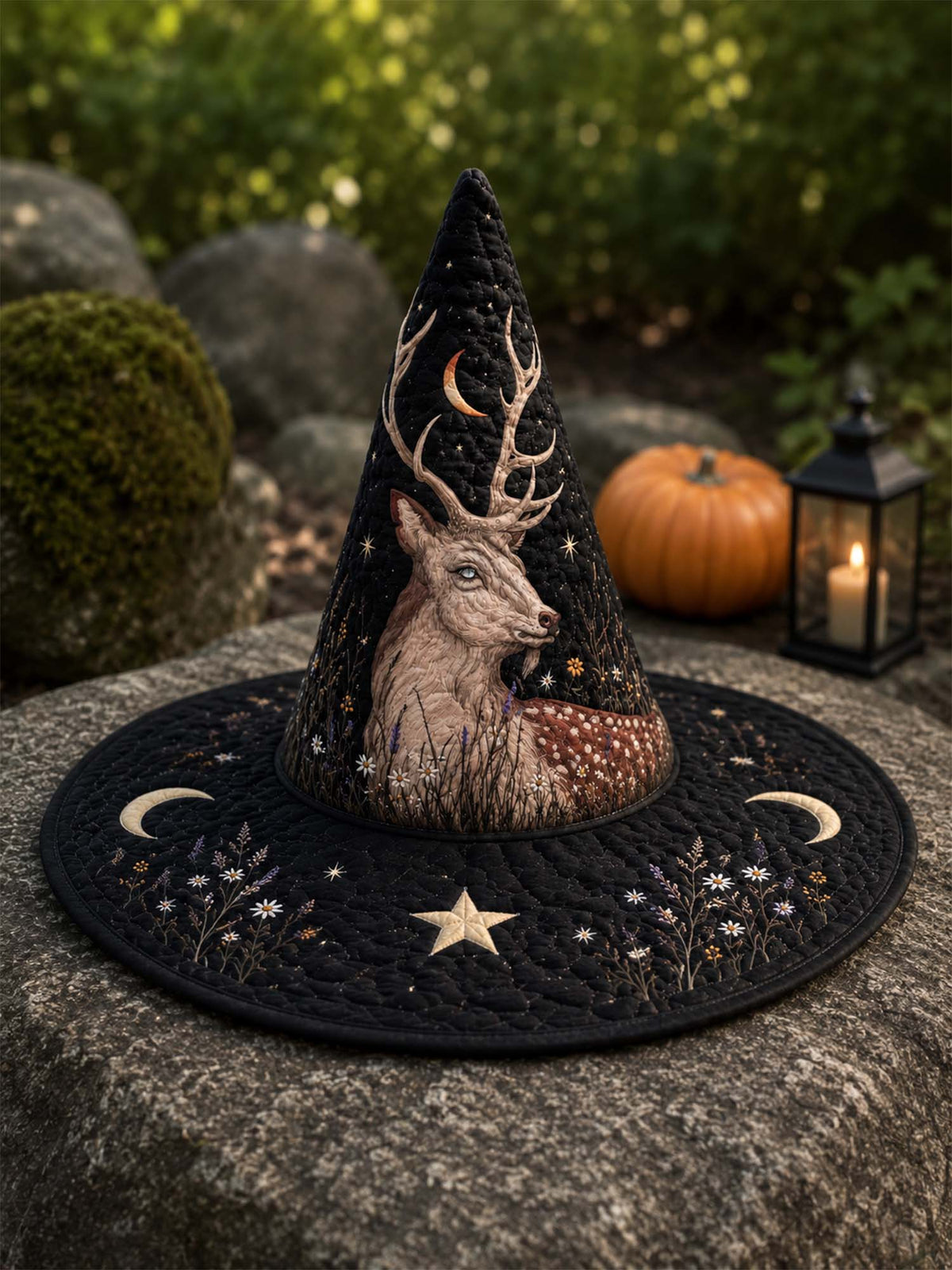 Handmade Quilted Witch Hat β Mystical Deer in Dark Style
