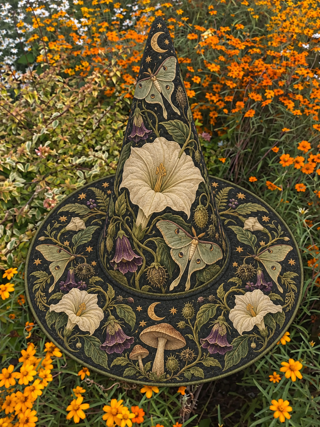 Handmade Quilted Witch Hat β Raven in the Lily Garden