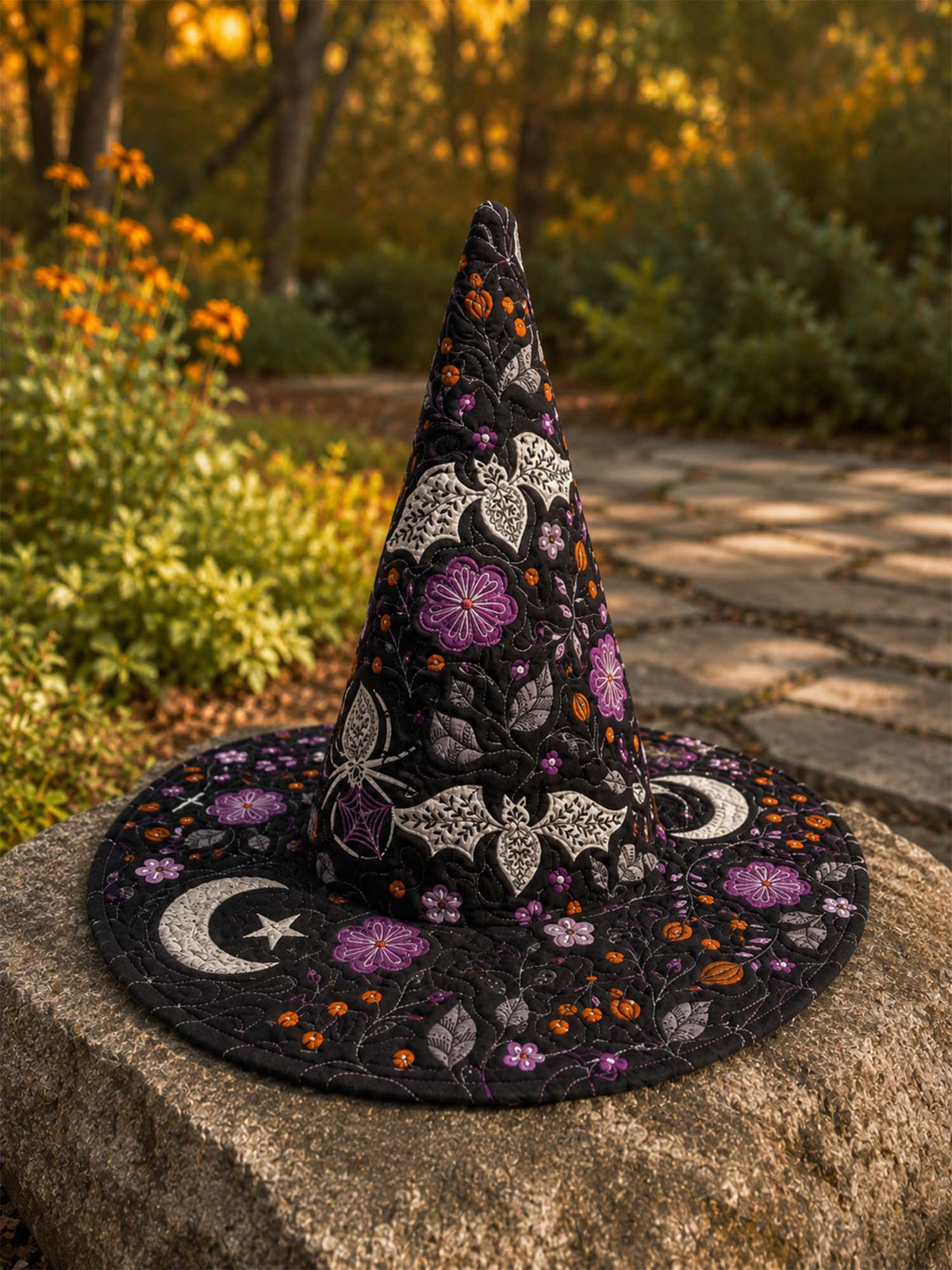 Handmade Quilted Witch Hat β Bats, Flowers and Halloween Moon