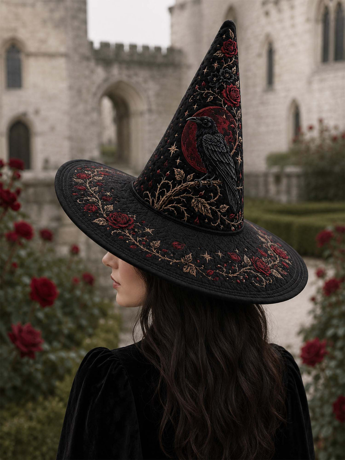 Handmade Quilted Witch Hat β Black Roses and Raven in Victorian Style