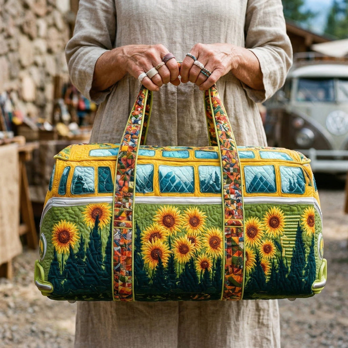 Quilted Travel Bag – Hippie Bus with Sunflowers