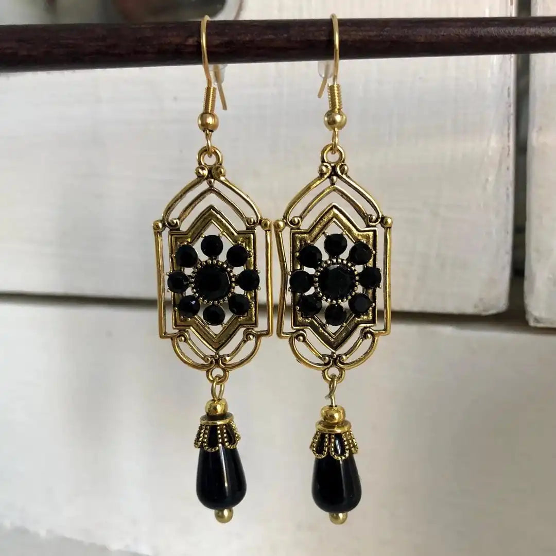 Art Deco Earrings with Black Drop