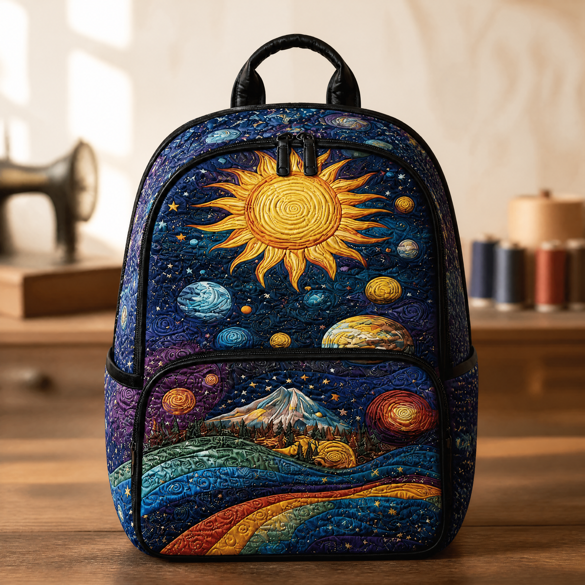 Quilted Backpack with Sun and Mountains