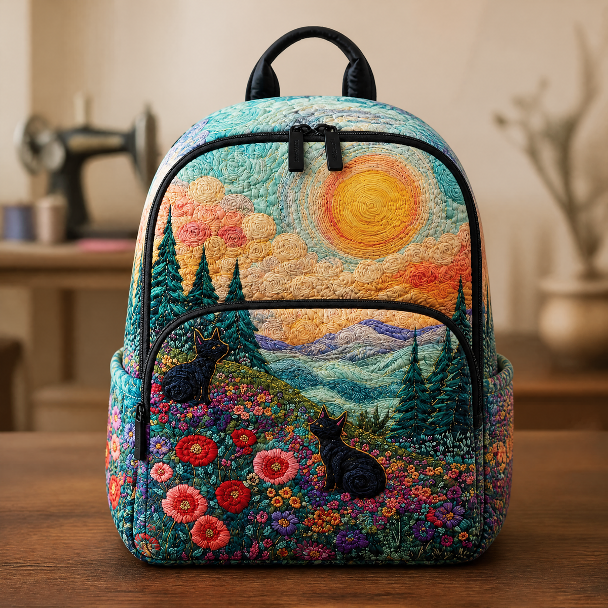 Quilted Backpack with Flowers and Mountains