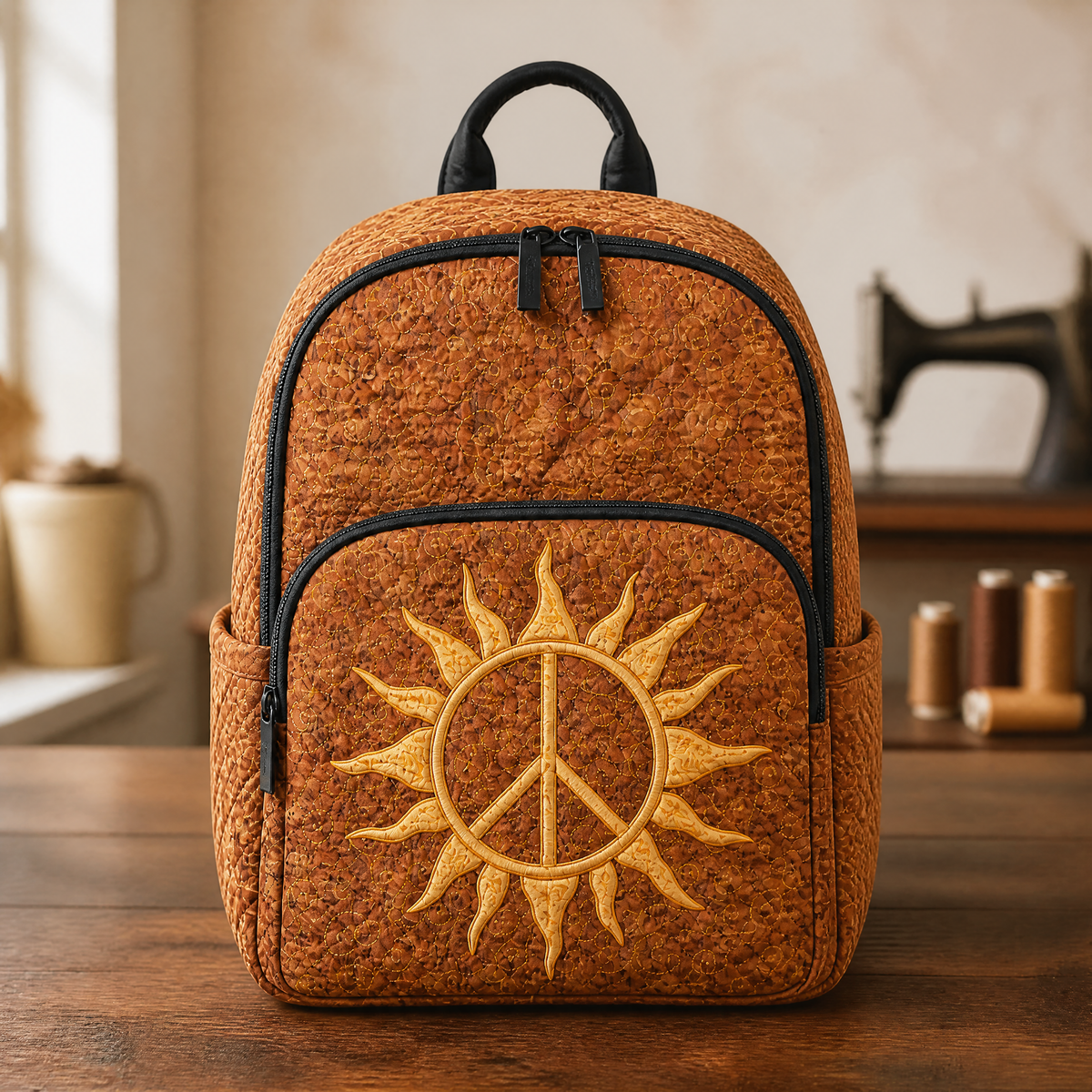 Quilted Backpack with Sun and Peace Symbol