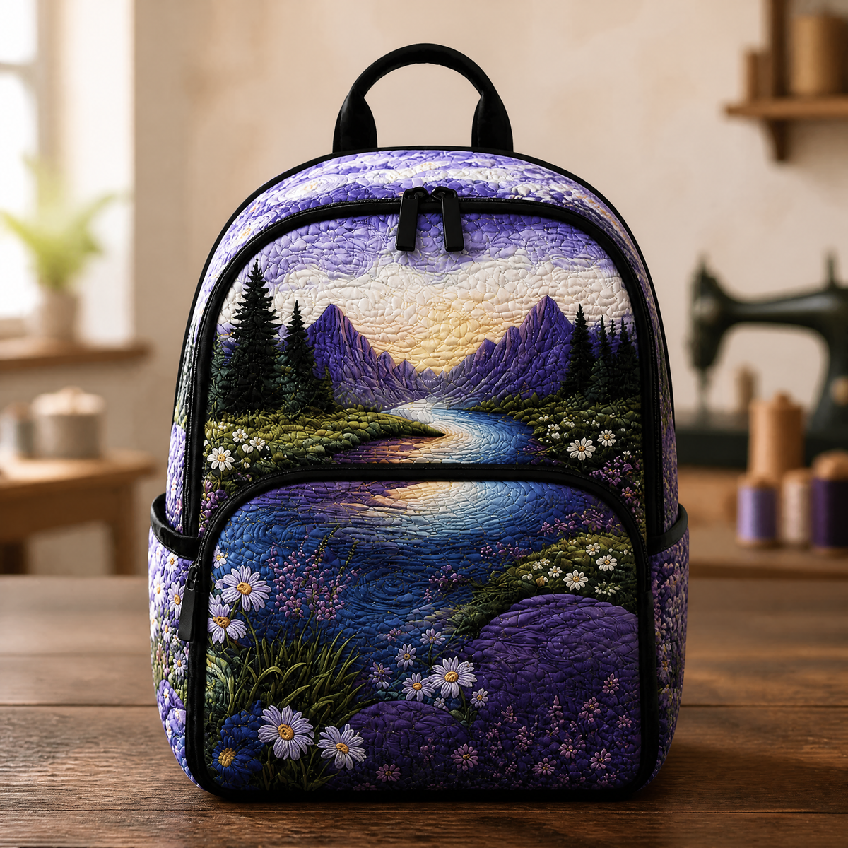 Purple Quilted Backpack with Flowers and Mountains