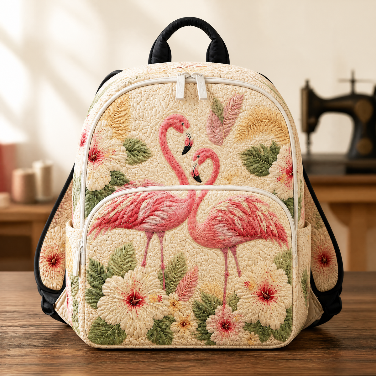 Pink Quilted Backpack with Flamingo