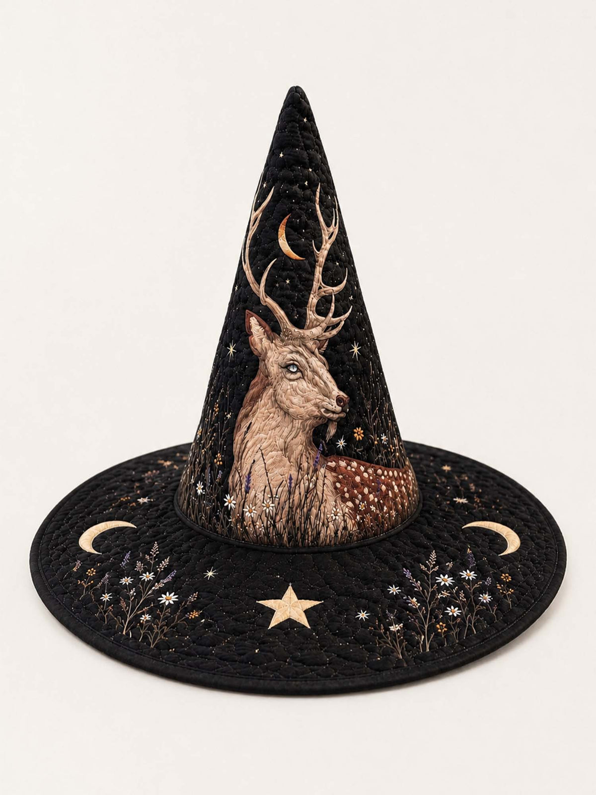 Handmade Quilted Witch Hat – Mystical Deer in Dark Style