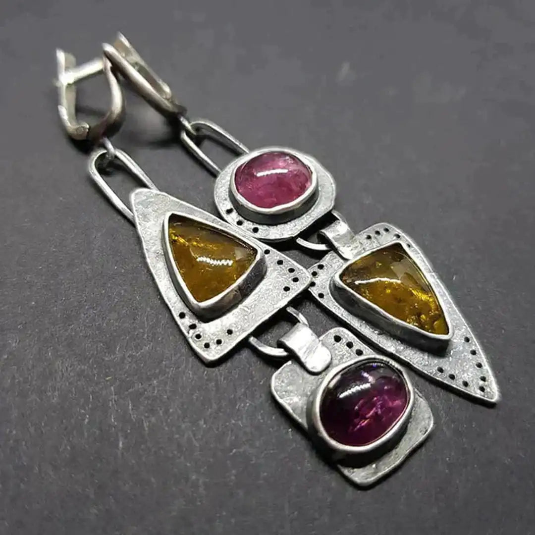 Vintage Earrings with Stones in Yellow and Berry Red
