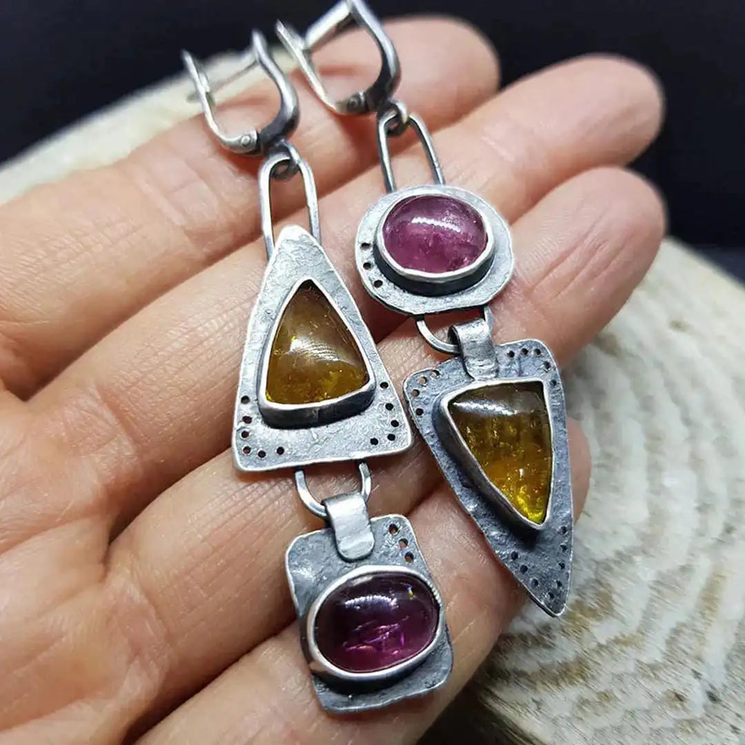 Vintage Earrings with Stones in Yellow and Berry Red