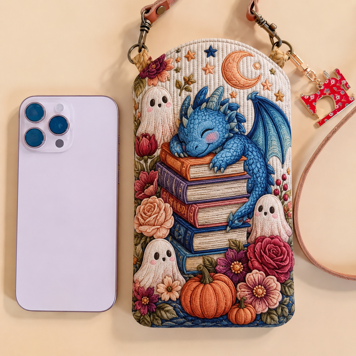 Slim Quilted Phone Crossbody Bag – Sleepy Blue Dragon on a Stack of Books