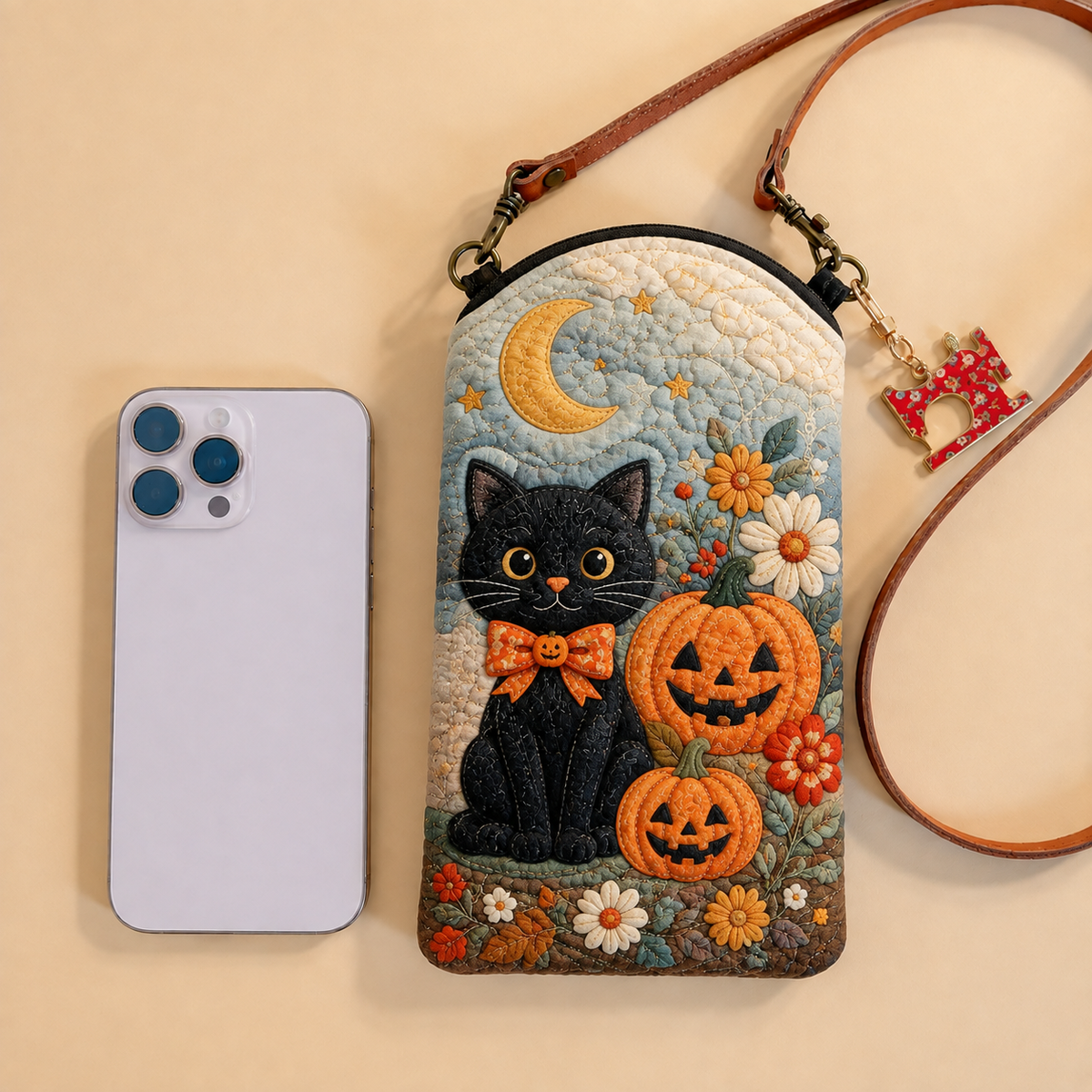 Slim Quilted Phone Crossbody Bag – Black Cat in the Pumpkin Garden