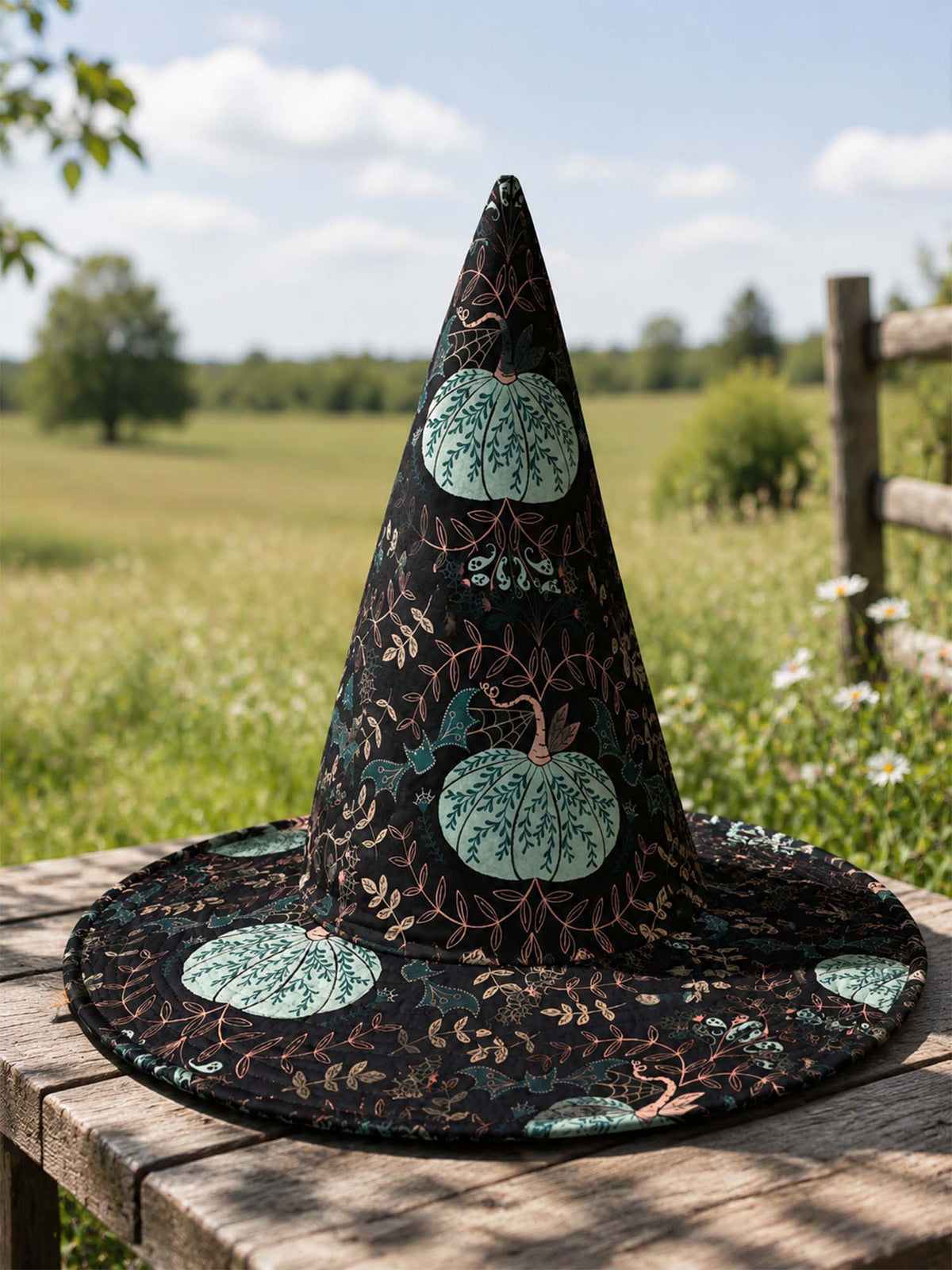 Handmade Quilted Witch Hat – Halloween Pumpkins in Mint Green