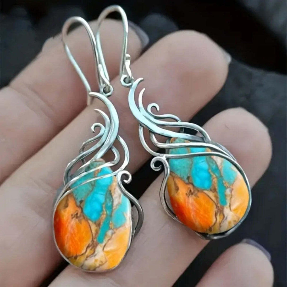 Drop Earrings with Stone in Turquoise and Orange