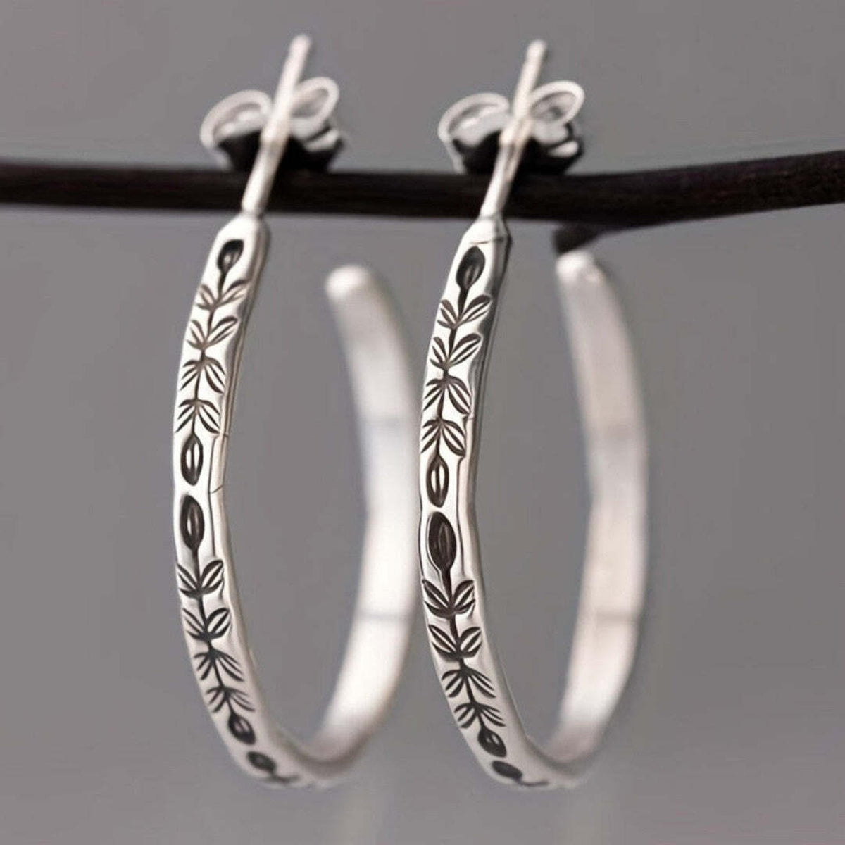 Silver Hoop Earrings with Leaf Pattern