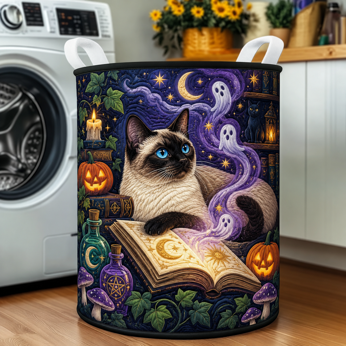 Quilted Laundry Basket – Siamese Cat and Magic Spell Book