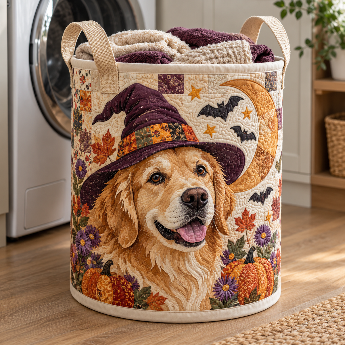 Quilted Laundry Basket – Golden Retriever with Witch Hat