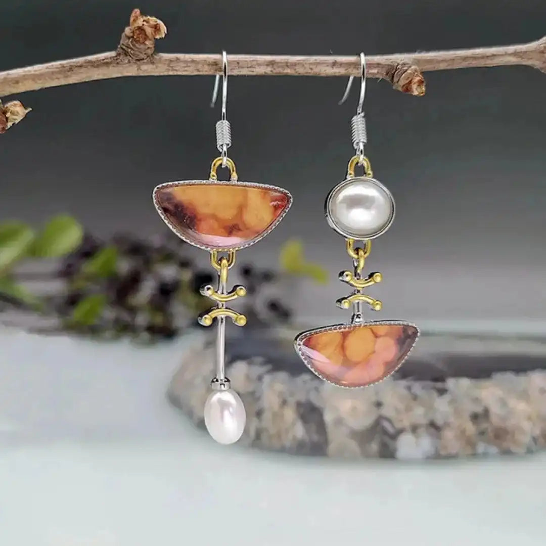 Asymmetric Earrings with Stone in Orange