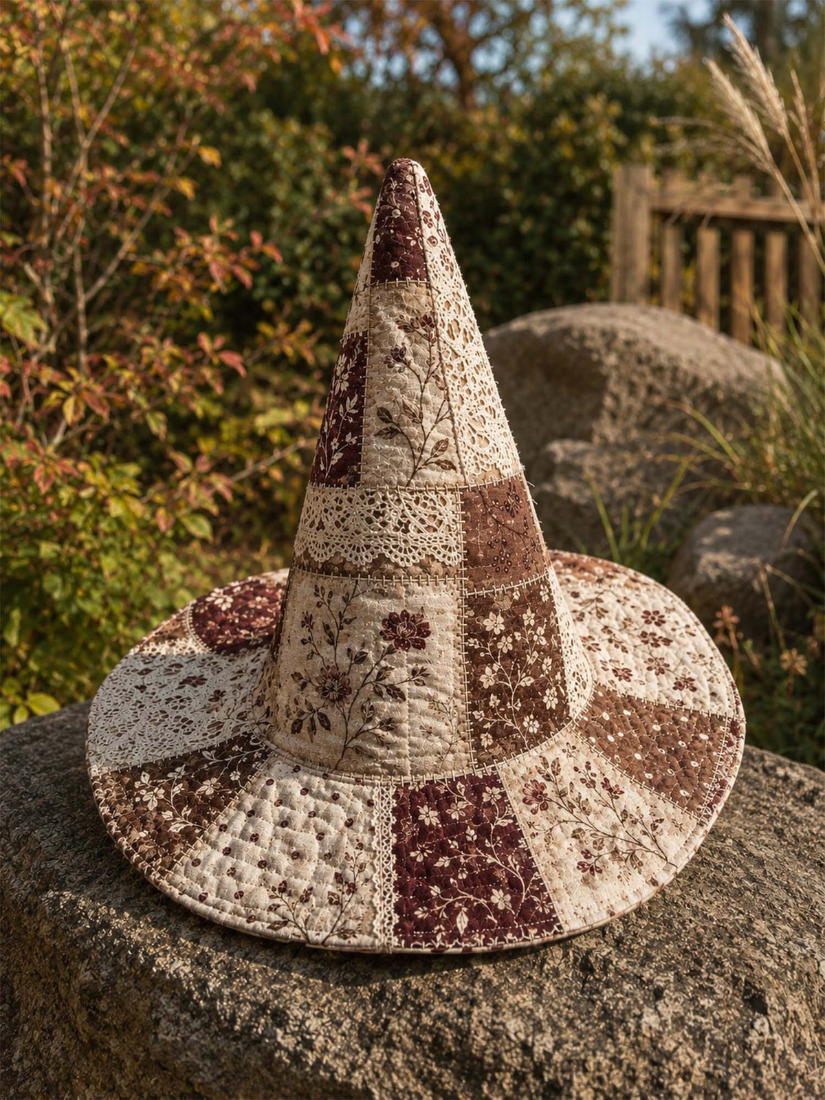 Handmade Quilted Witch Hat – Nostalgic Floral and Lace Patchwork
