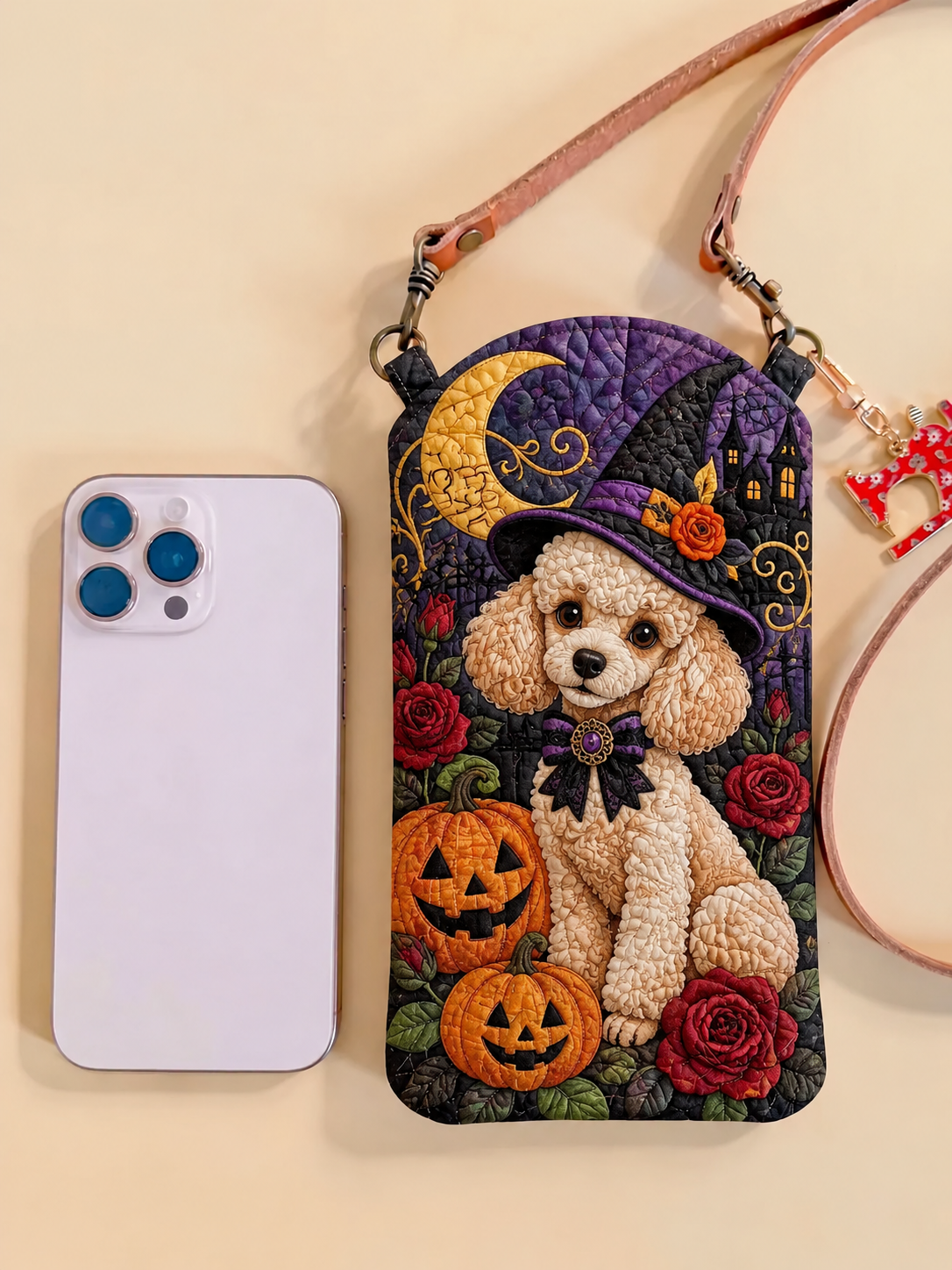 Slim Quilted Phone Crossbody Bag – Puppy with Witch Hat at Halloween