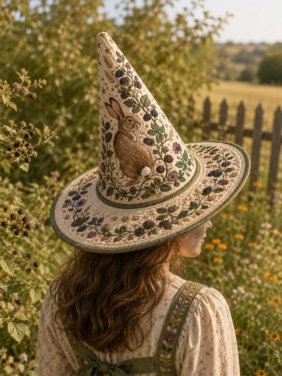 Handmade Quilted Witch Hat – Woodland Hare with Plant Motifs in Country Style