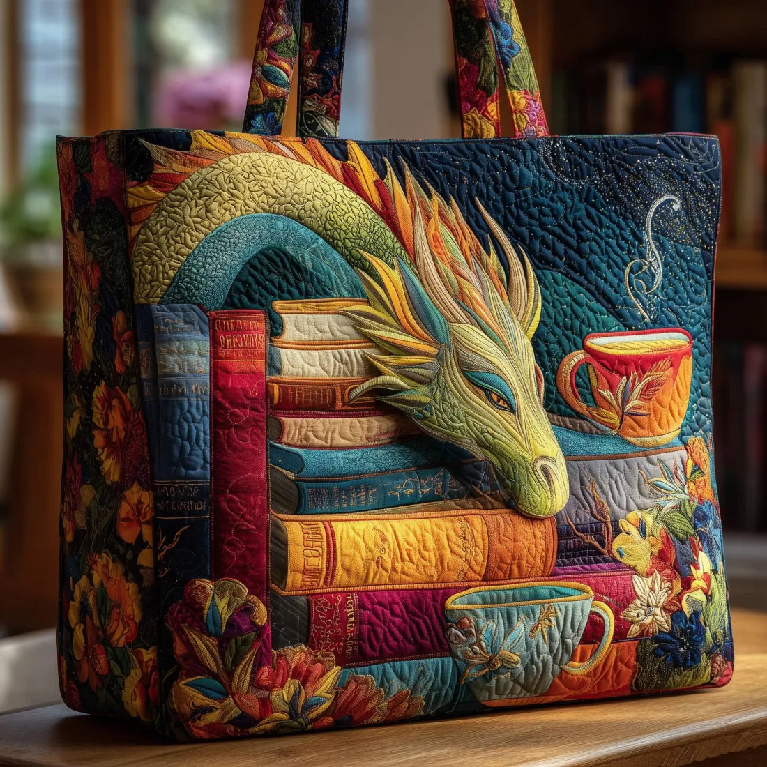 Handmade Quilted Bag – Reading Dragon with Books and Bags