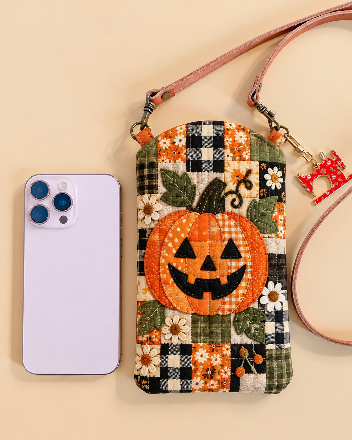 Slim Quilted Phone Crossbody Bag – Checked Jack-o'-Lantern