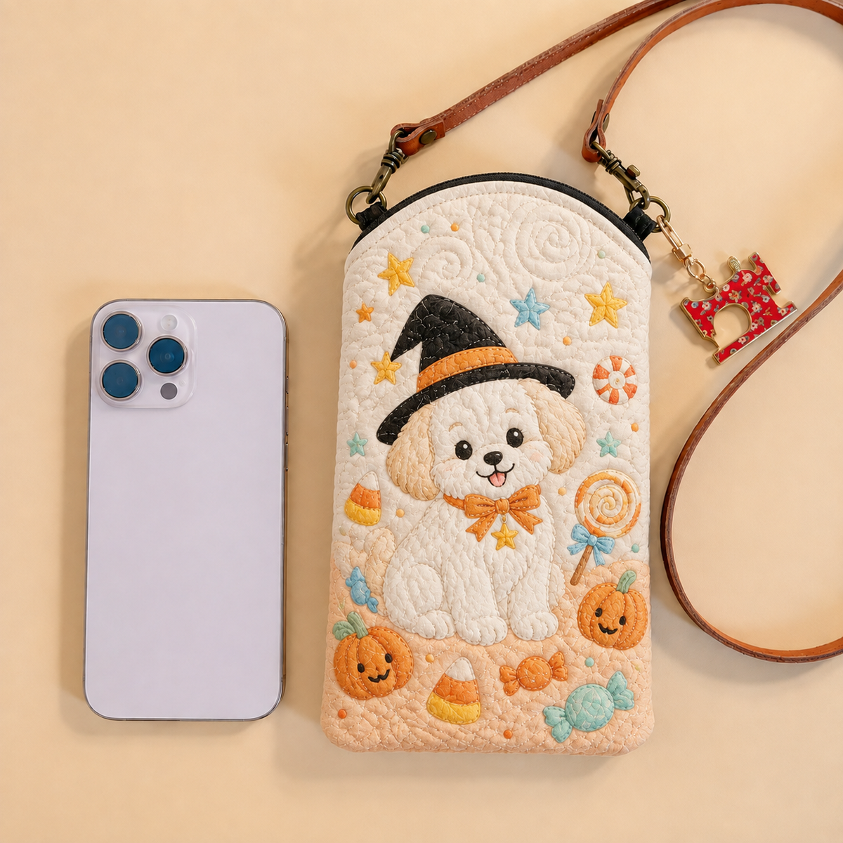 Slim Quilted Phone Crossbody Bag – Puppy with Witch Hat and Sweets