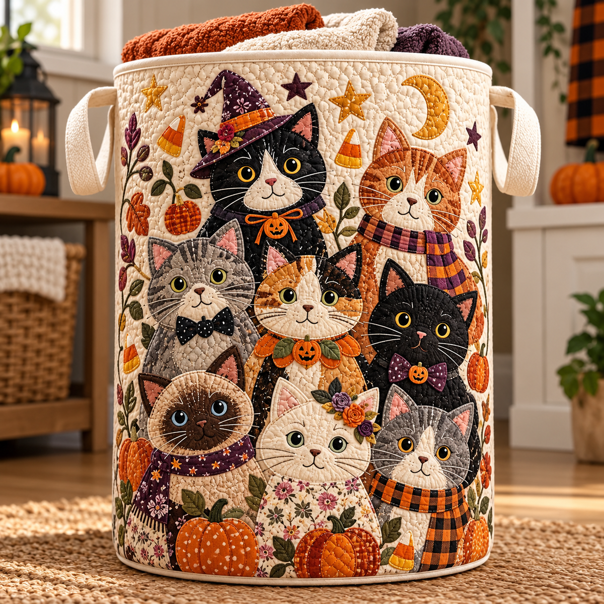 Quilted Laundry Basket – Cats at the Halloween Party