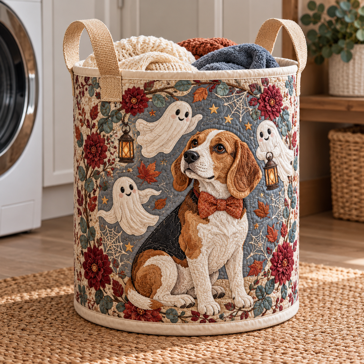 Quilted Laundry Basket – Beagle in the Ghost Garden