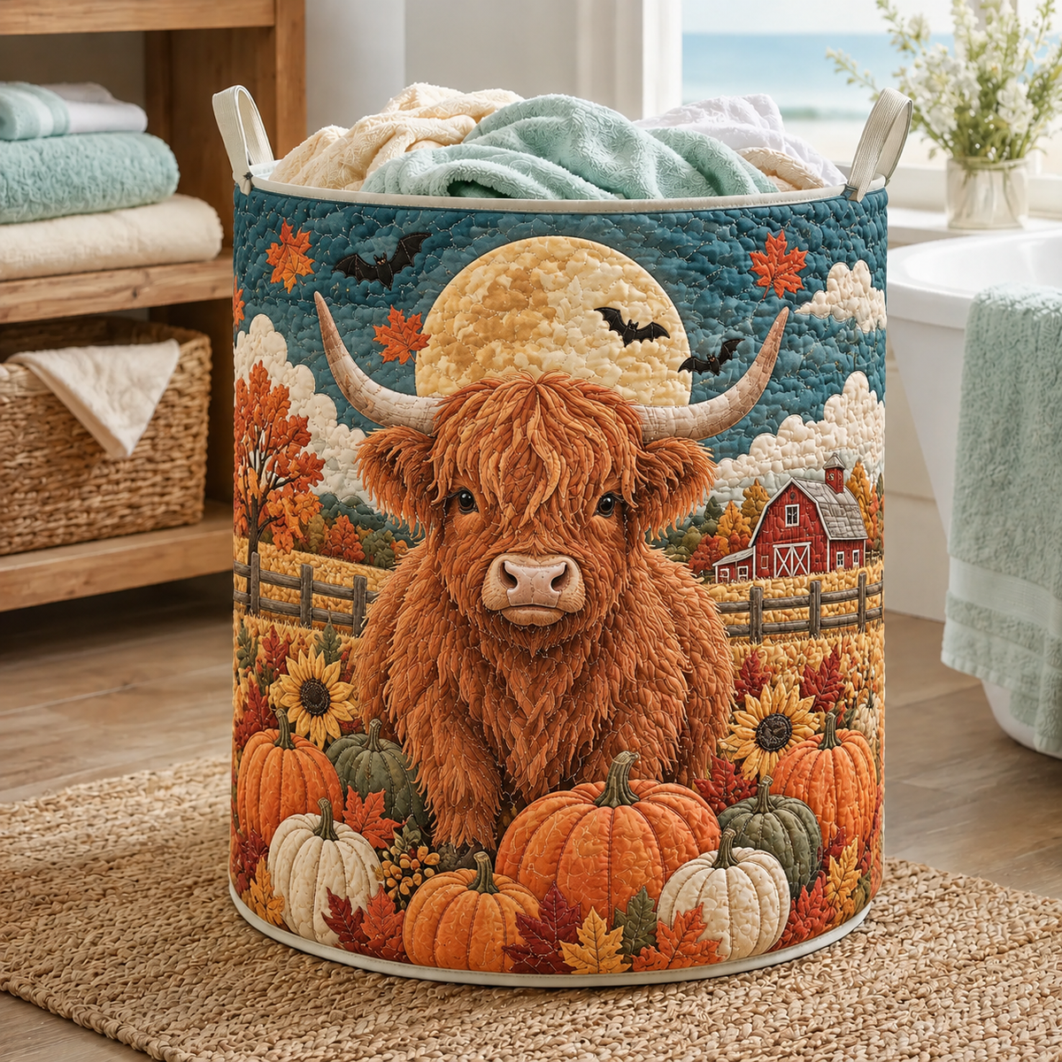 Quilted Laundry Basket – Highland Cow Under the Autumn Moon