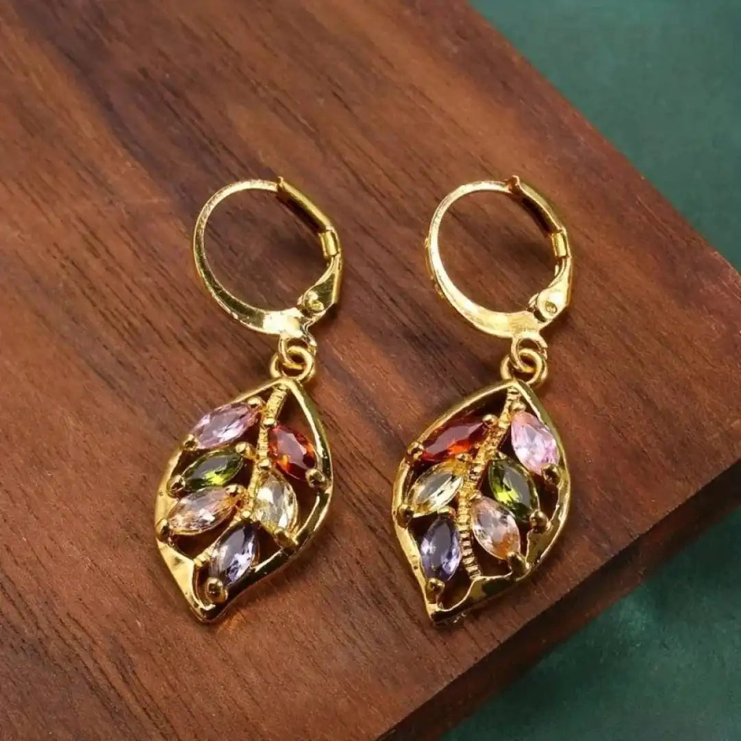 Leaf Earrings with Colourful Zirconia